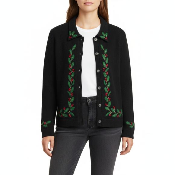 LIZ CLAIBORNE Wool Angora Embroidered Holly Button Cardigan Black Women’s M - Picture 1 of 12